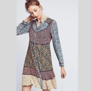 Maeve Anthropologie Floral Patchwork Mini Dress Long Sleeve Button Up Blue Small